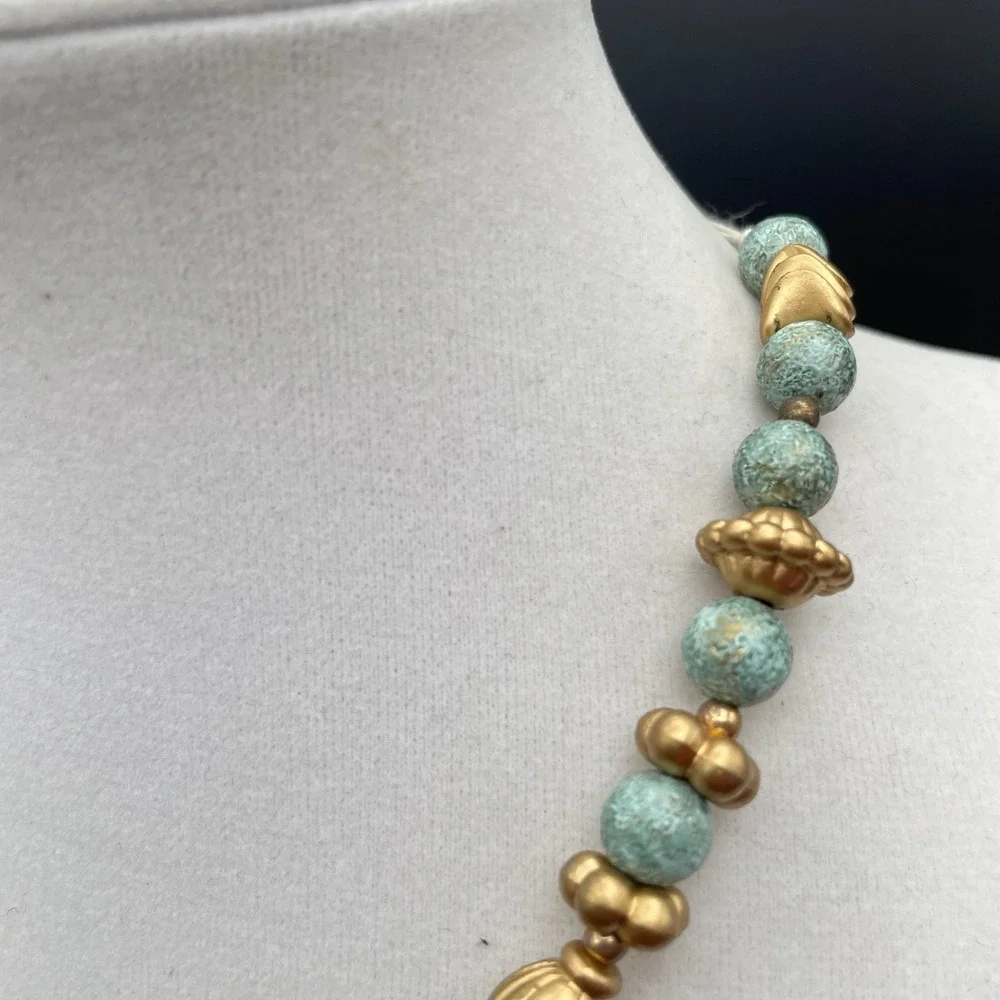 Vintage Turquoise Blue Textured Bead & Gold‎ Tone Necklace Boho Statement